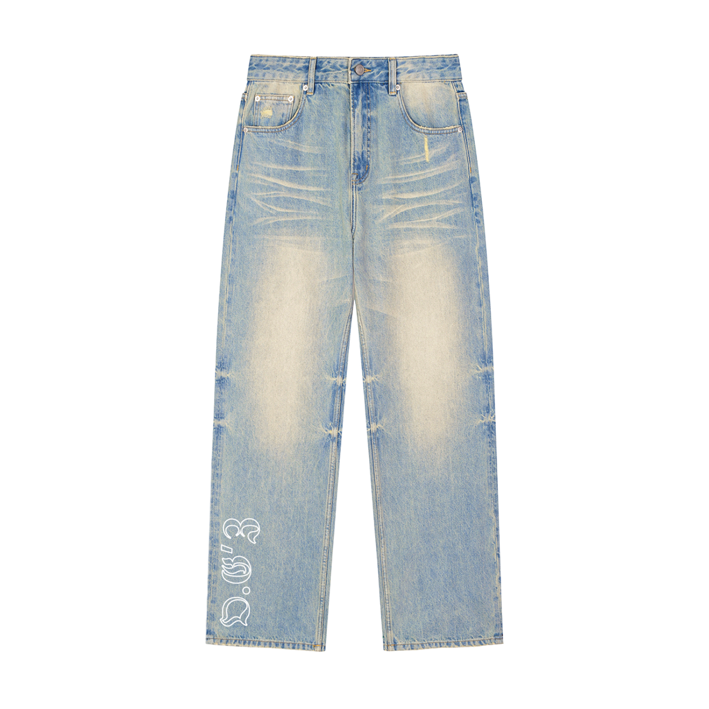 Sun Fade Raw Hem Denim Jeans